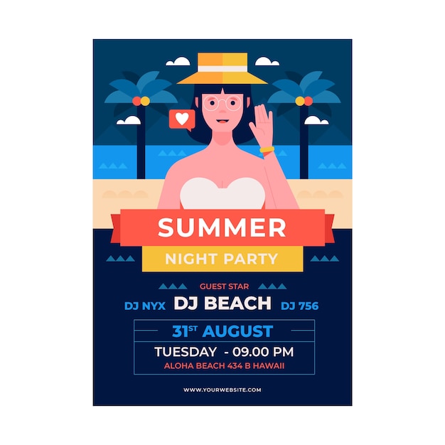 Flat design summer night party poster