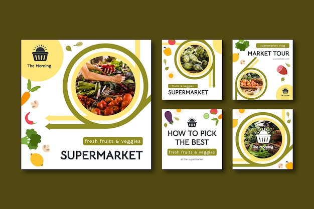 Vector flat design supermarket instagram posts template