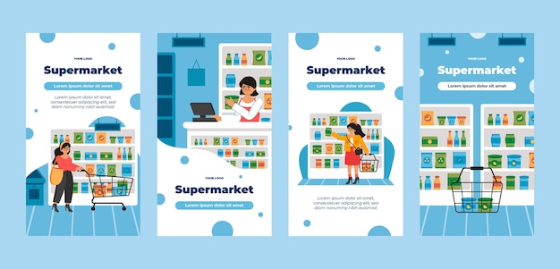 Vector flat design supermarket instagram stories