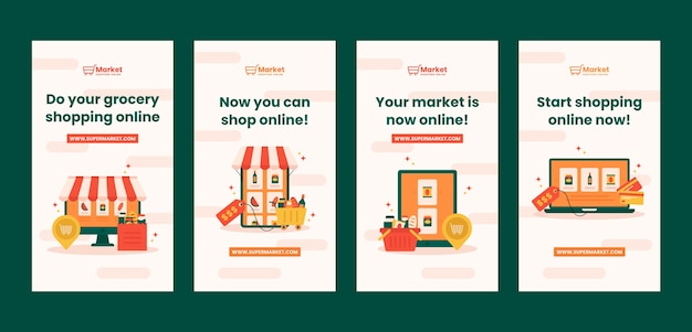 Vector flat design supermarket instagram stories