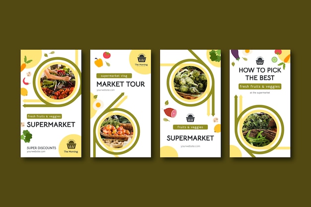 Vettore storie di instagram di supermercati dal design piatto