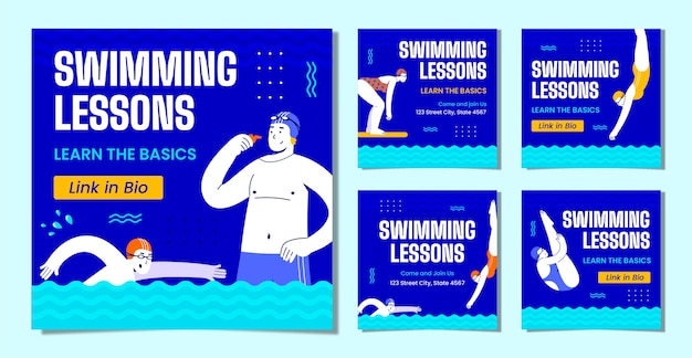 Vector flat design swimming lessons instagram posts