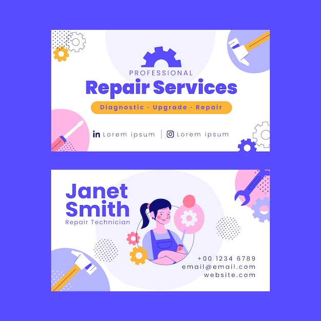 Flat design tech repair horizontal business card