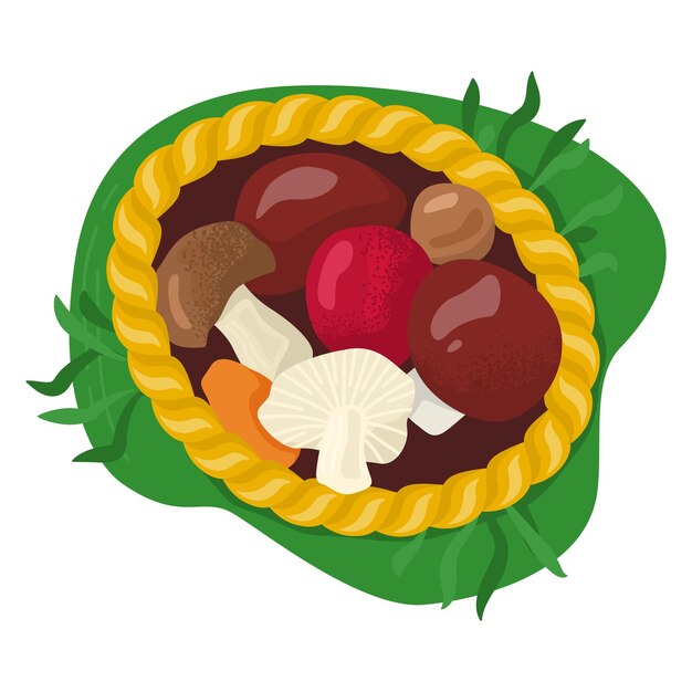 Vector flat design top view of vegan pie with vegetables mushrooms and crust healthy food and plantbased