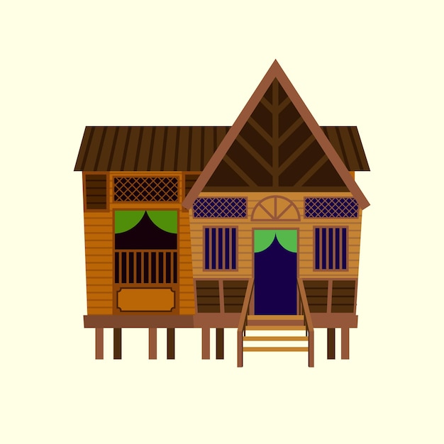 Flat design of traditional malay vintage village house