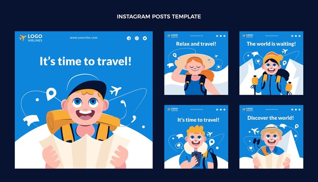 ベクトル フラットデザインの旅行アドベンチャーinstagramの投稿