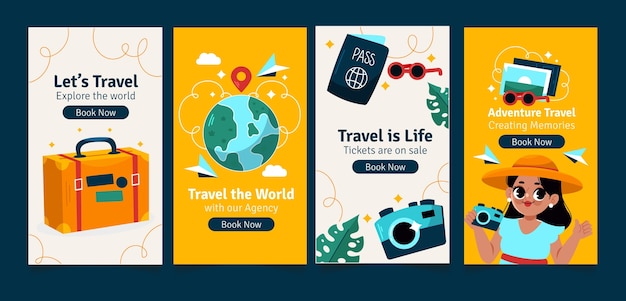 Vettore storie di instagram di avventure di viaggio dal design piatto