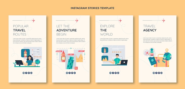 Vettore storie di instagram di agenzie di viaggio dal design piatto