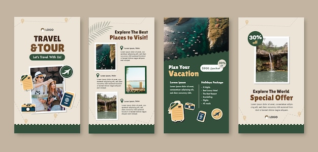 Вектор Истории instagram туристического агентства с плоским дизайном