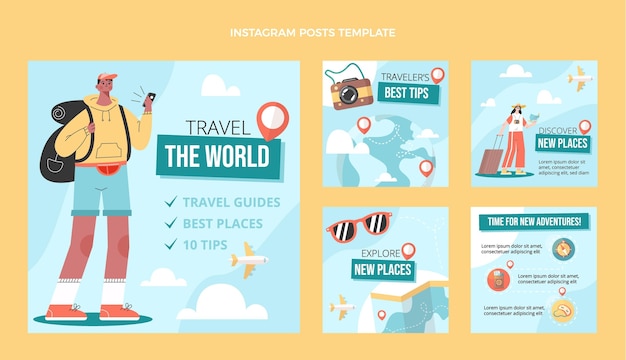 Vettore collezione di post instagram di viaggio design piatto