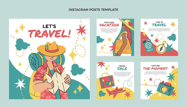 Vettore collezione di post instagram di viaggio design piatto