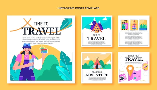 ベクトル フラットデザインの旅行instagramの投稿