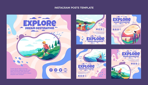 Vector flat design travel instagram posts template