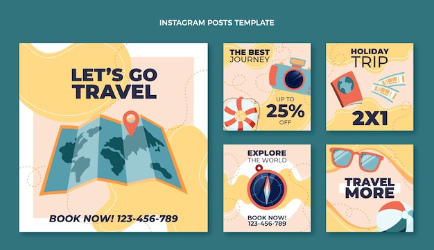 Flat design travel instagram posts template