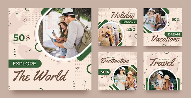 Vector flat design travel instagram posts template