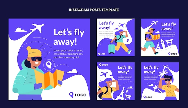 Vector flat design travel instagram posts