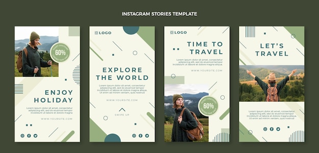 Vettore storie di instagram di viaggio dal design piatto