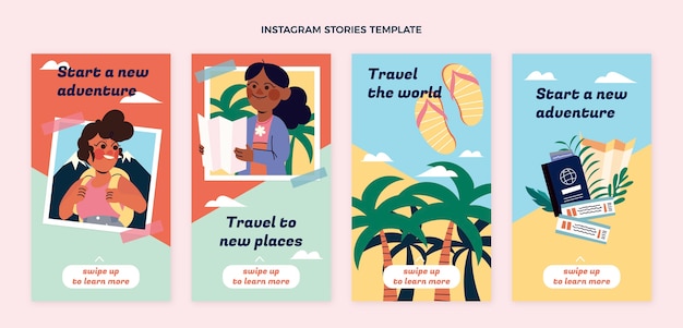 Vettore storie di instagram di viaggio dal design piatto