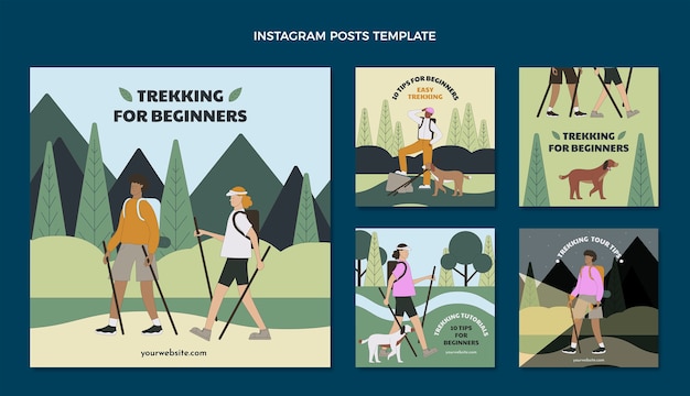 Vettore storie di instagram di avventura di trekking dal design piatto