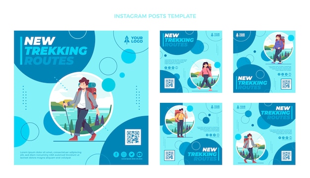 Vector flat design trekking instagram posts template