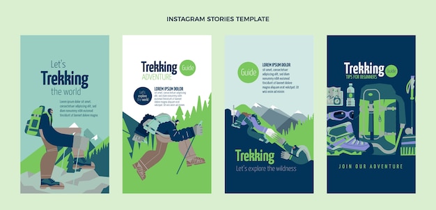 Vettore storie di instagram di trekking dal design piatto