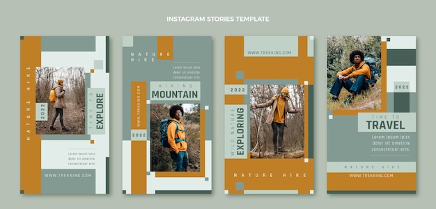 Vettore collezione di storie di instagram di trekking dal design piatto