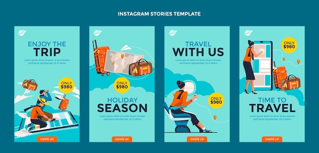 Vettore storie di instagram di viaggio di design piatto