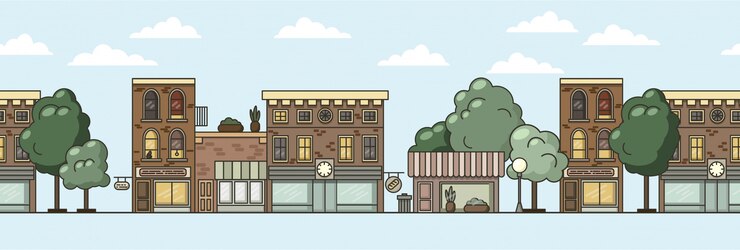 Vector フラットなデザイン都市のカラフルな風景のシームレスパターン。春の町のバナー。
