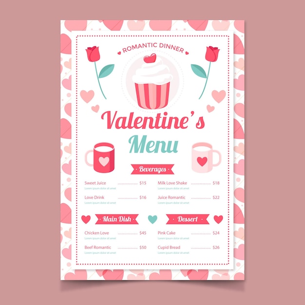 Vettore modello di menu di san valentino design piatto