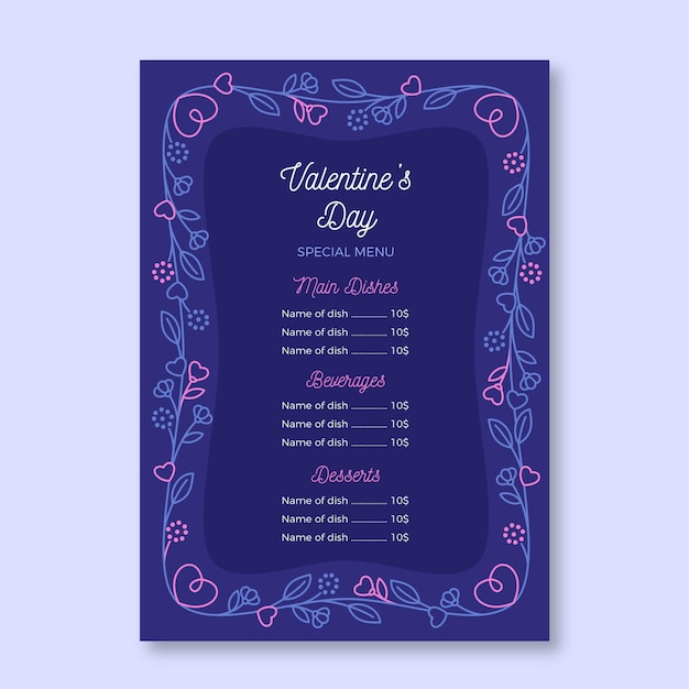 Vettore modello di menu di san valentino design piatto