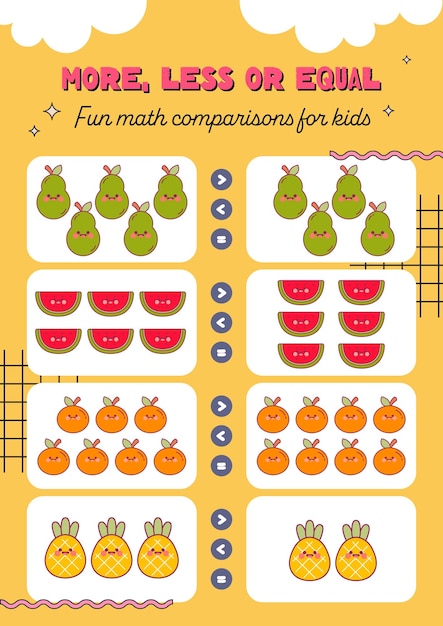 flat design vector counting mathematics more less equal printable worksheet for kids activity