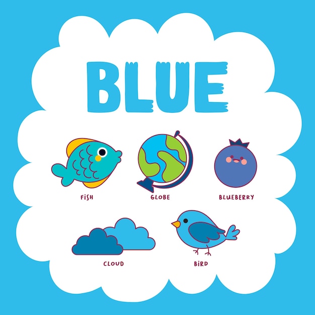 flat design vector cute blue color flashcard studying learn printable for kids activity