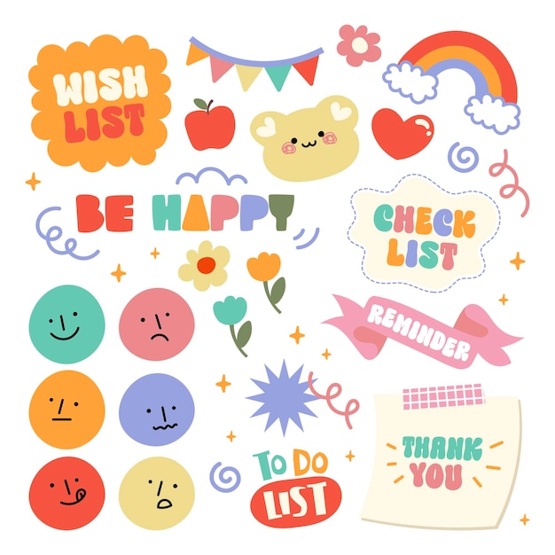 Flat design vector cute colorful adorable kawaii element sticker label collection