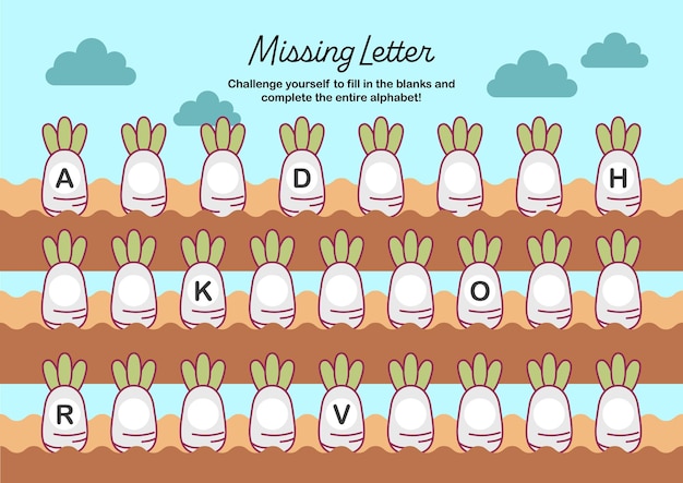 플랫 디자인 벡터 귀엽고 다채로운 어린이 활동을 위한 알파벳 A부터 Z까지 인쇄 가능한 워크시트를 완성합니다.