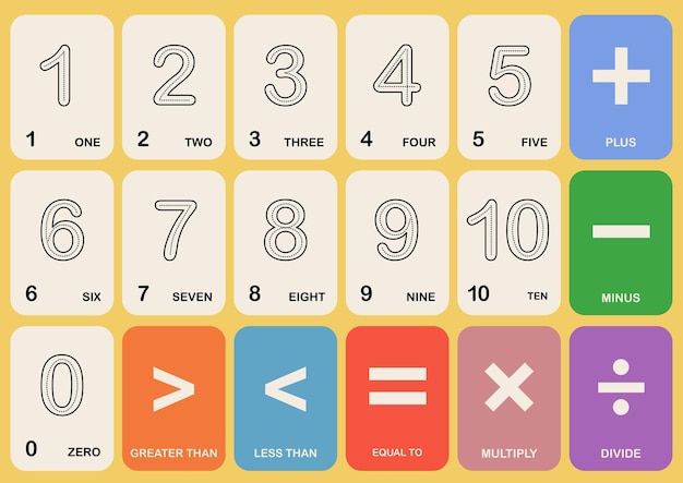 벡터 평면 디자인 벡터 귀여운 다채로운 숫자 플래시카드 수학 어린이 활동을 위해 인쇄 가능