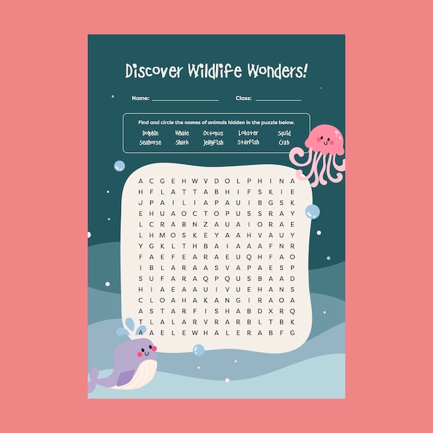 Vector flat design vector cute colorful sea animal crossword for kids printable worksheet for kids activity