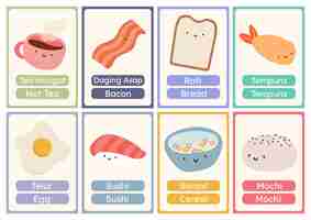 Vector flat design vector cute food flashcard studying learn printable for kids activity