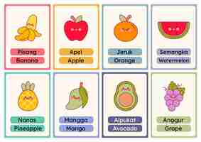 Vector flat design vector cute fruits flashcard studying learn printable for kids activity