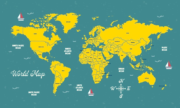 평평한 디자인 터 귀여운 재미있는 다채로운 세계 지도