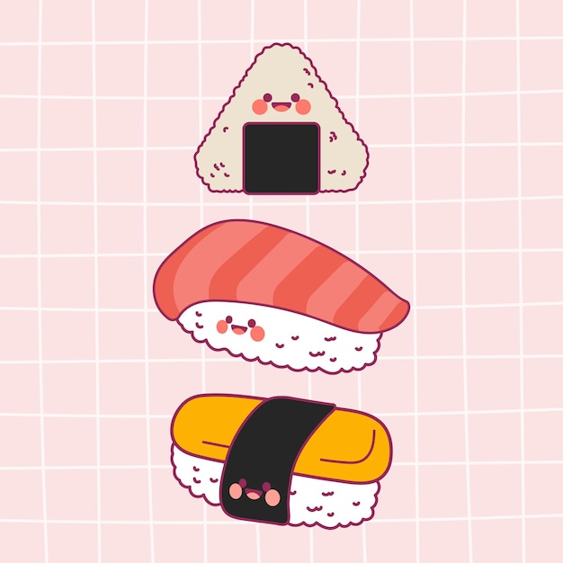 Set di raccolta di disegni di sushi giapponese colorato kawaii carino vettoriale design piatto