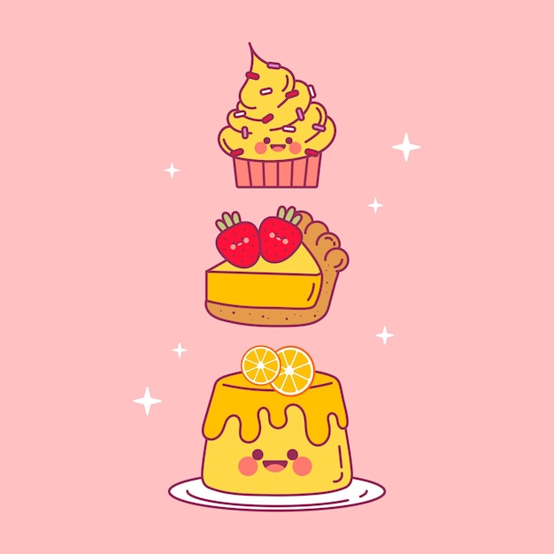 Design piatto vettore carino kawaii colorato dolce torta budino torta illustrazione del fumetto