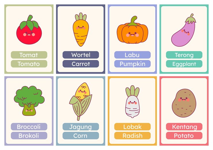 वेक्टर flat design vector cute veggie vegetable flashcard studying learn printable for kids activity