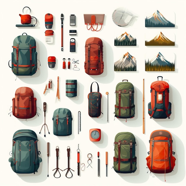 Vector flat design vector hiking icons on white background sty