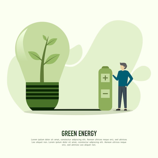 flat design vector illustration concept for green energy, male character holding green battery