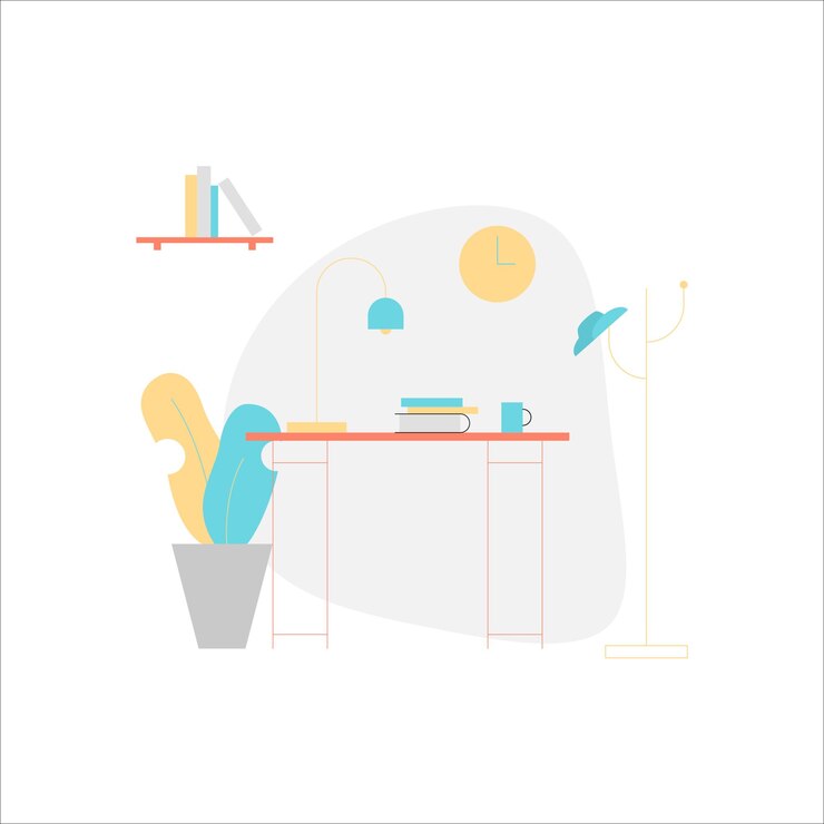 Vector flat design vector illustration of home office interior furniture and equipment in modern flat styl