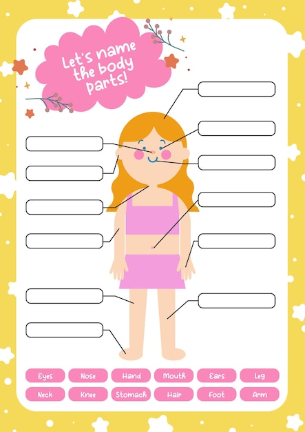 Flat design vector kids worksheet name the body parts printable activity for kids