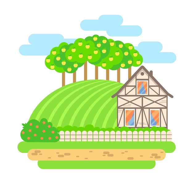 Illustrazione di paesaggio di vettore design piatto. casa di paese con campi e meli. agricoltura, agricoltura, concetto di prodotti biologici.