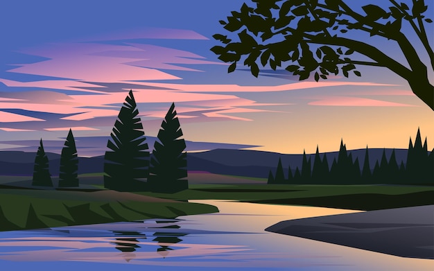 Vettore paesaggio vettoriale design piatto con alberi e fiume al tramonto