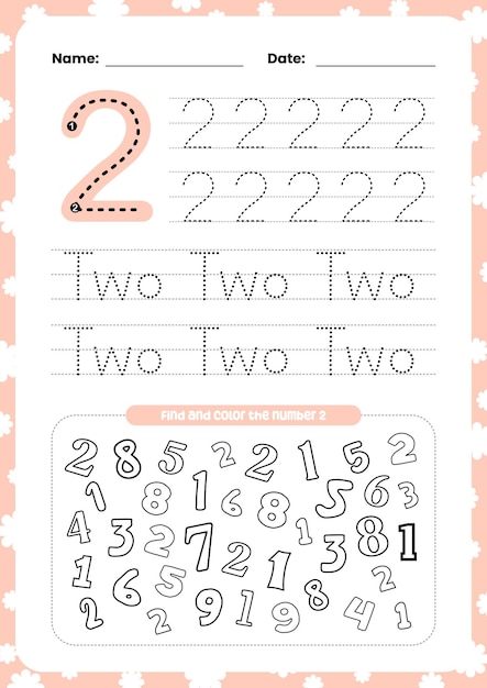 flat design vector learning tracing number and coloring in english for kids activity printable