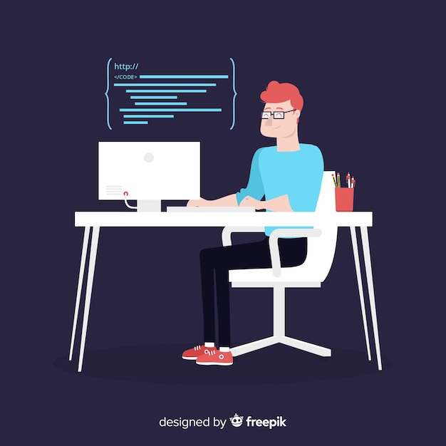 Vector flat design vector male programmer coding